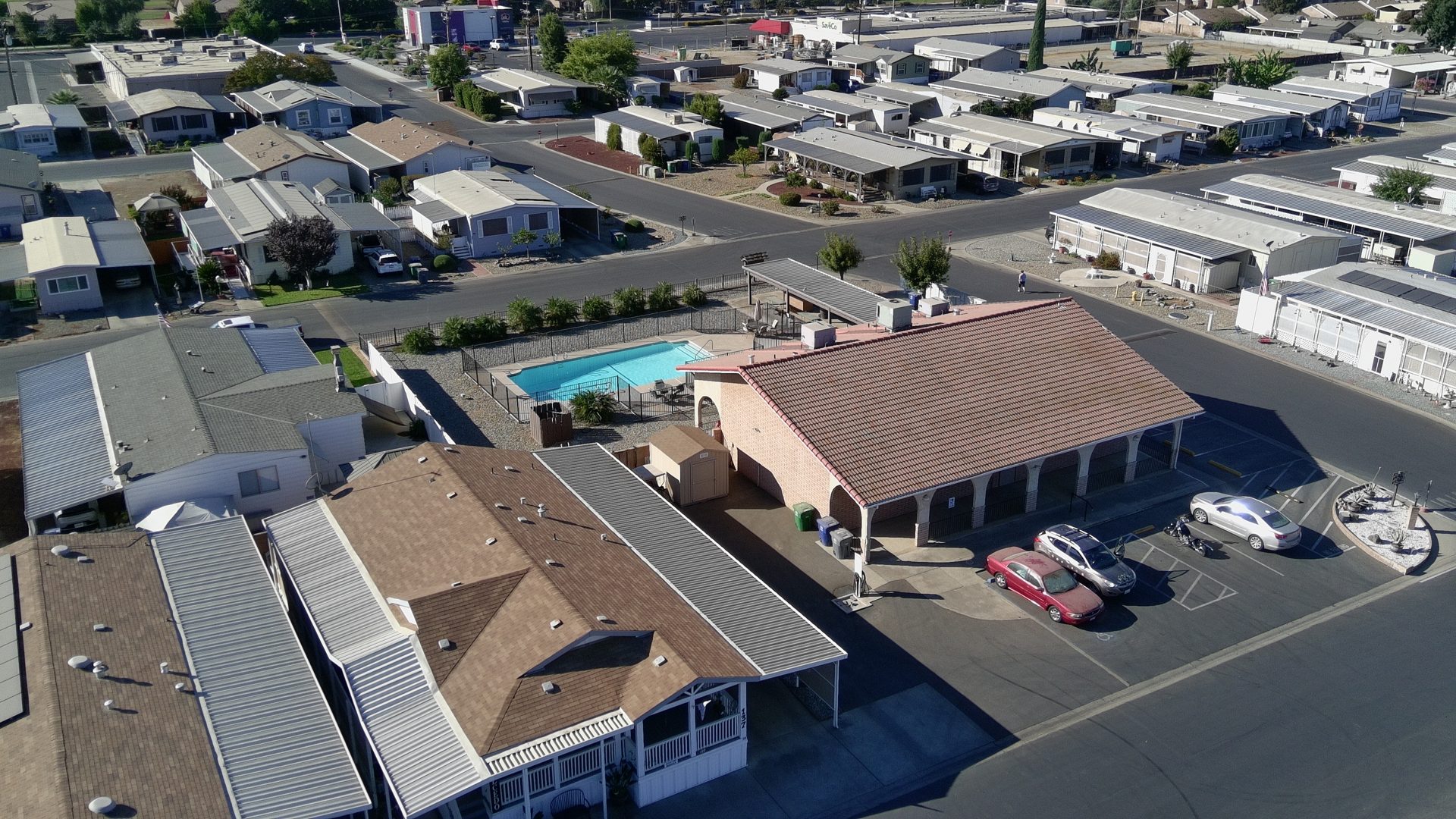 Aerial view of Rancho Exeter homes, swimming pool, and clubhouse